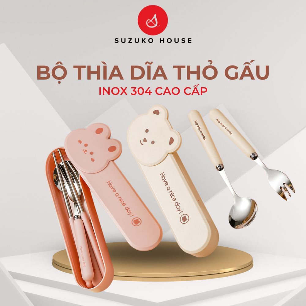 Bộ thìa dĩa đũa INOX 304 THỎ GẤU, Set muỗng nĩa SUZUKO HOUSE có nắp đậy dễ thương mini mang văn phòng, đi học TM21