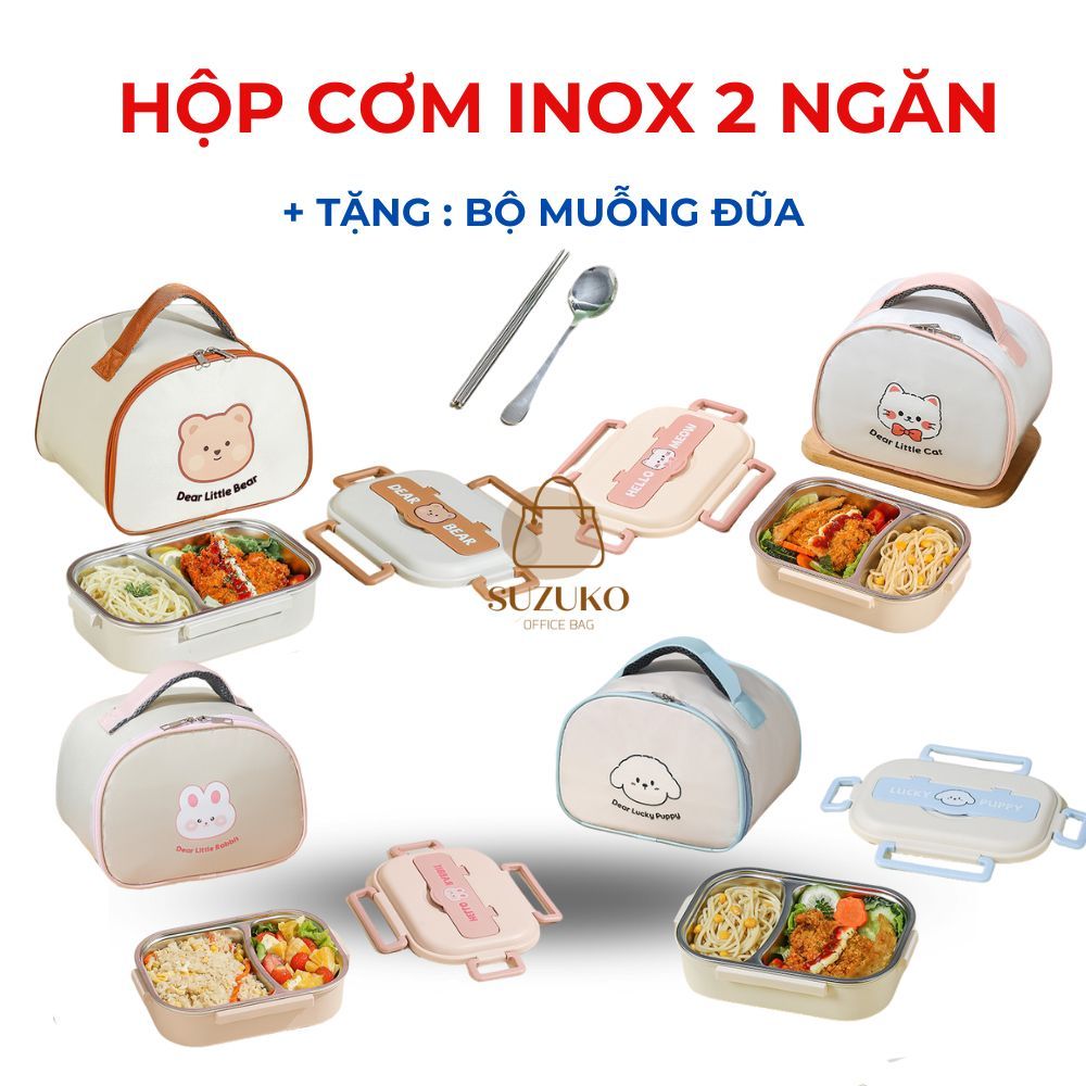 Hộp cơm trưa giữ nhiệt 2 ngăn, hộp đựng đồ ăn bento đẹp văn phòng quay lò vi sóng chất liệu Inox 304 SUZUKO BAGS HC07