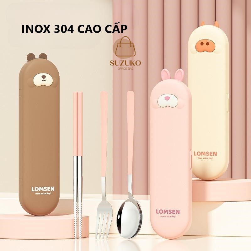 Bộ muỗng thìa văn phòng gấu thỏ, set hộp đũa nĩa dễ thương cá nhân mini Inox 304 cao cấp có nắp đậy cute TM20