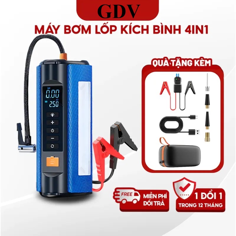 Bơm Lốp, Kích Bình Ô Tô, Xe Máy 4in1 GDV TS03 Pin LI-PO 12000mAh Kiêm Sạc Dự Phòng, Đèn Pin Chiếu Sáng